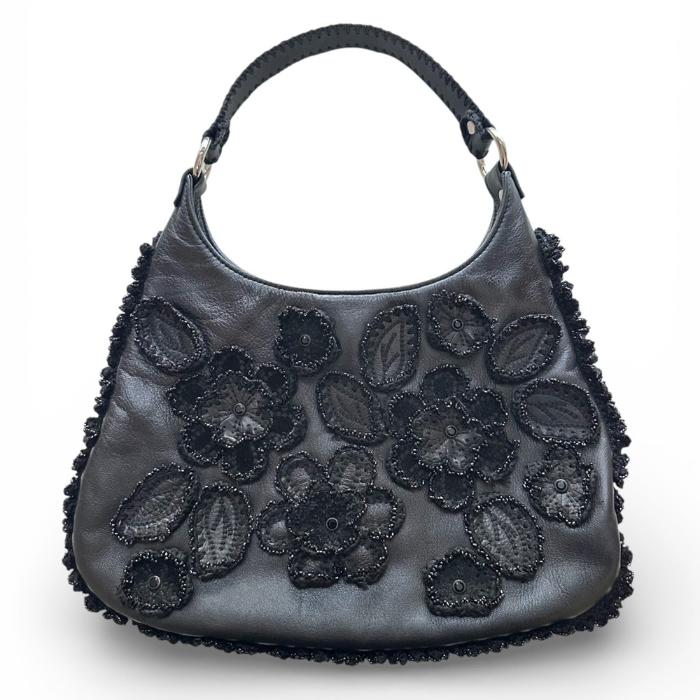 Isabella Fiore Vintage Leather Floral Applique Beaded Bag Y2K